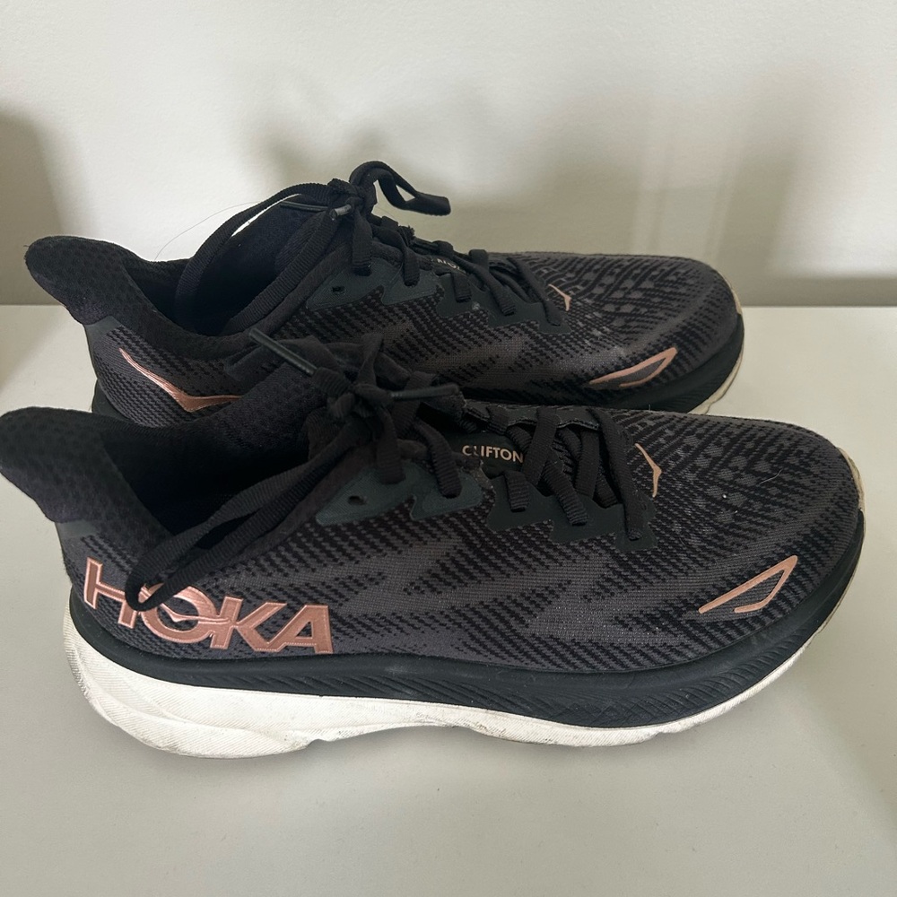 Hoka Black and Peach Running Shoes